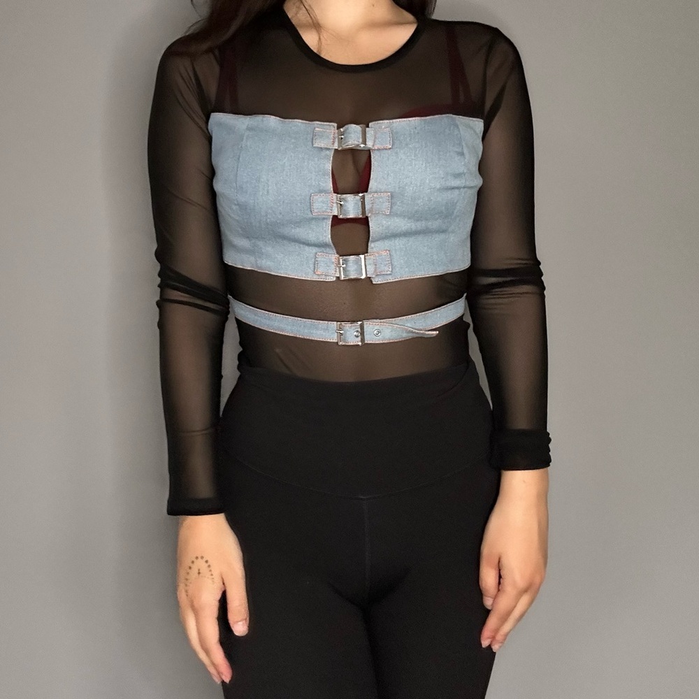 Fashion Nova Mesh And Denim Bodysuit